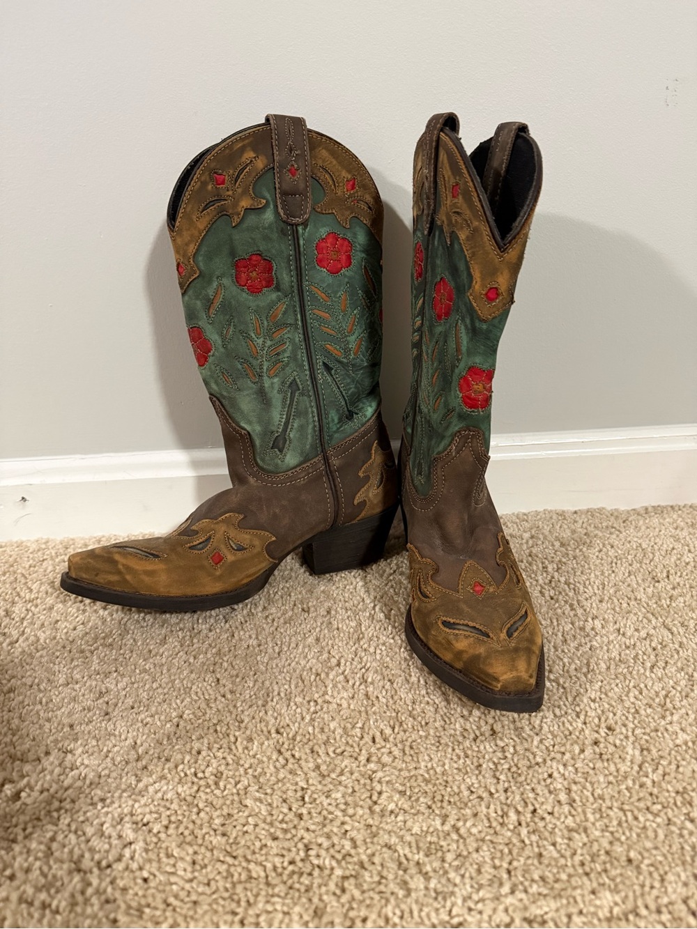Laredo Brown and Green Embroidered Western Heeled Boots - Picture 2 of 5